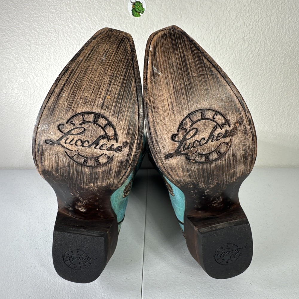 Lucchese Turquoise Cowboy Boots Womens 6 Distressed Embroidered Roses M5646 - Picture 9 of 16